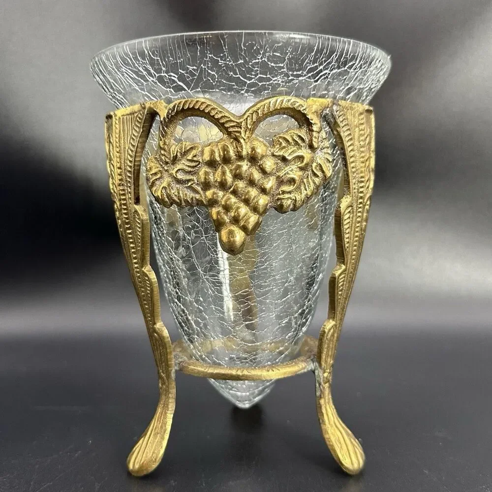 Vintage Crackle Glass Cone Vase Ornate Brass Grape Pod Tripod Stand Set MCM 5.5